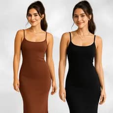 Kit com 2 Vestido Longo Com Fenda Lateral Alça Fina Tecido Canelado Super Confortável