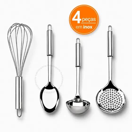 Kit 4 Utensílios para Cozinha Inox Escumadeira Concha Colher Fue Resistente