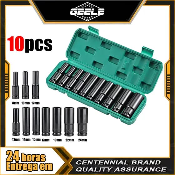 Jogo10PCS (8mm-24mm) Conjunto De Soquetes De Impacto Longo Preto Ferramentas Redutor De
