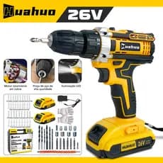 110V/220V Parafusadeira Furadeira Elétrica Amarela / Verde 26V 2 Baterias Com Maleta e Acessórios Completo