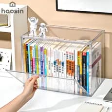 haosin Caixa Organizadora Acrílica Grande com Tampa para Livros, Empilhável e Antipoeira