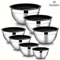 Kit 7 Tigelas de Aço Inoxidável com Tampas Herméticas para Salada e Armazenamento de Alimentos Cozinha Doméstica