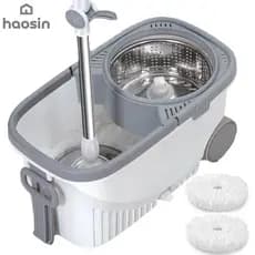 Aço Inoxidável Esfregão Mop Balde Giratório 360° com Rodas Centrífugo 2 Refis Cabo Rodo de Limpeza
