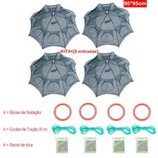 Kit 4+12 Armadilha Covo Peixe Isca Viva Lambaris Camarões 95x95cm/ peixes com 8 entradas Rede Retrátil