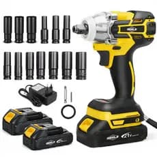 Chave de Impacto 21V Eletrica 300NM Parafusadeira Furadeira Brushless 21V 2 Baterias +Jogo Soquete 1/2 8-24 Mm 10pcs