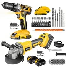 KIT 21V Esmerilhadeira Lixadeira Angular Politriz 10000rpm + Furadeira Parafusadeira 45N.m 3/8" com e acessórios GEELE