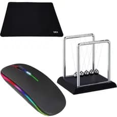 Kit Escritório com Mouse Sem Fio Recarregável Rgb Ergonômico Mouse Pad Dex Pêndulo de Newton Enfeite