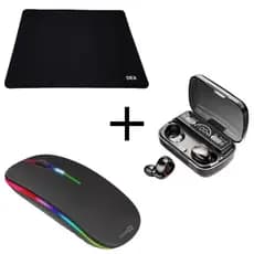 Kit Mouse Sem Fio Recarregável Rgb Ergonômico Mouse Pad Dex e Fone Ouvido Bluetooth TWS M10 Preto