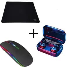 Kit Mouse Sem Fio Recarregável Rgb Ergonômico Mouse Pad Dex e Fone Ouvido Bluetooth TWS M20 Preto