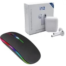 Kit Mouse Sem Fio Recarregável Rgb Fone De Ouvido Bluetooth Branco I12 Tws Sem Fio Recarregável