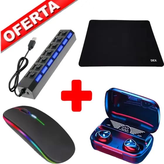 Kit Mouse Sem Fio Recarregável Rgb Mouse Pad Dex e Fone Ouvido Bluetooth TWS M20 Hub USB 7 Portas