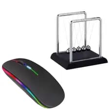 Kit Escritório com Mouse Sem Fio Recarregável Rgb Ergonômico Pêndulo de Newton Enfeite Escritório