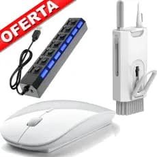 Mouse Sem Fio a Pilha Led Wireless Branco e Hub USB 7 Portas acessório 8 em 1 de Limpeza de Pc