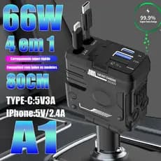 Carregador rápido de carro 2025 A1 66W com projetor Starlight, cabo de carregamento retrátil USB