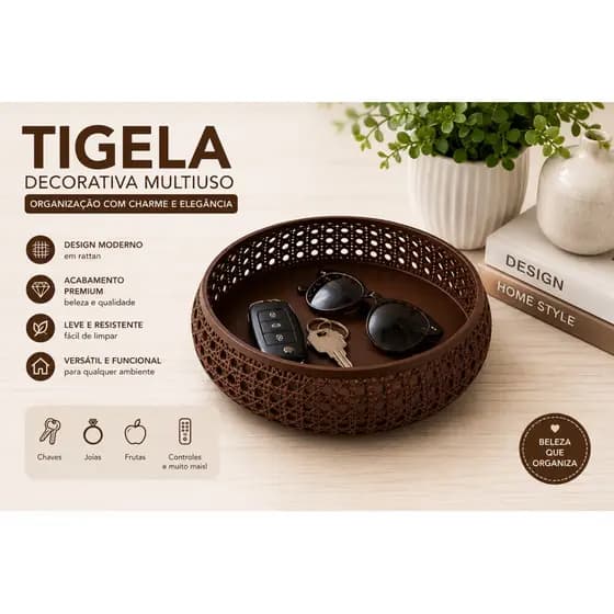 Tigela Grande Decorativa Multiuso Organizador de Mesa Porta Chaves Frutas Joias Objetos em Rattan Moderno