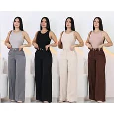 calca pantalona feminina  en alfaiateria con cinto encapado da mesma cor da calca