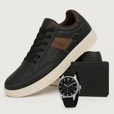 Tenis Couro Eco Masculino Sapatenis Kit Relogio Carteira Air Relogio Polo Sapatenis
