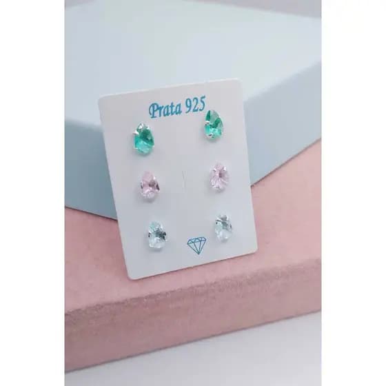 Trio de Brincos Gota Zircônia Colorida em Prata 925