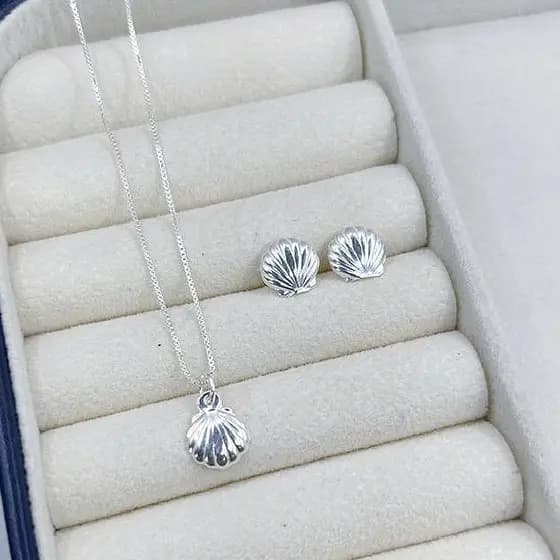 Conjunto Brinco e Colar Conchinha 8mm Prata 925 Legítima