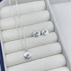 Conjunto Brinco e Colar Conchinha 8mm Prata 925 Legítima