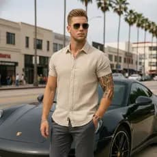 Camisa Linho Masculina Social Gola Italiana Casual Luxo Premium Manga Curta