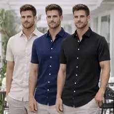 Kit 03 Camisa Social Masculina Slim Gola Italiana Manga Curta Linho Premium
