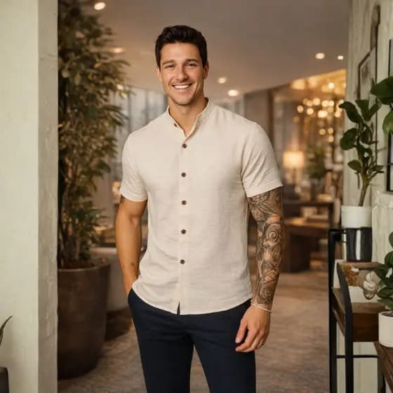 Camisa Social Masculina Gola Padre Linho Manga Curta Luxo Elegante Minimalista Premium