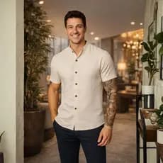Camisa Social Masculina Gola Padre Linho Manga Curta Luxo Elegante Minimalista Premium