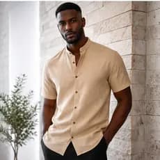 Camisa Social Masculina Linho Premium Gola Padre Manga Curta