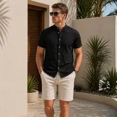 Kit Conjunto Camisa + Bermuda Linho Misto Premium Casual Elegante Leve