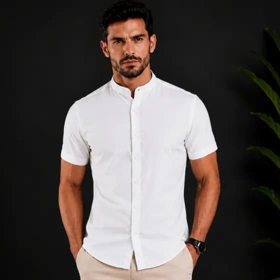 Camisa Social Masculina Gola Padre Tricoline Premium Elegante Festa
