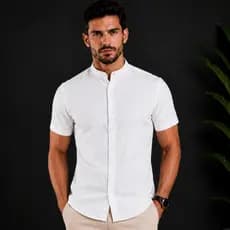 Camisa Social Masculina Gola Padre Tricoline Premium Elegante Festa