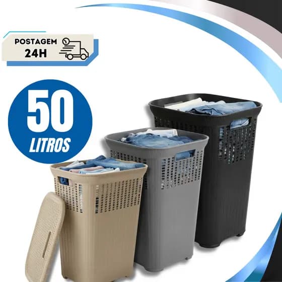 Cesto Telado Rattan 50 Litros Com Tampa Premium