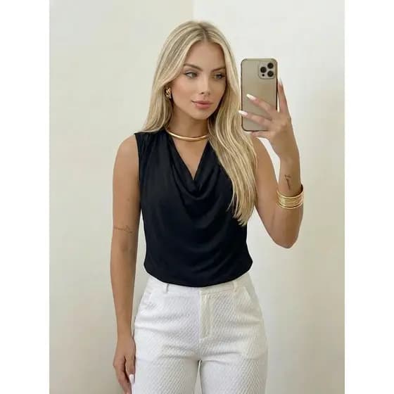Blusa Feminina Gola Boba Suplex Casual Versatil Social Drapeada Forrada Elegante Moda Tendencia