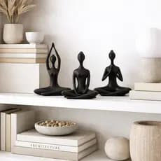 Kit 3 Estatuetas Yoga Meditação Decorativas Minimalista Preto Branco Trio Zen Enfeite Sala Escritório Quarto Estante