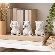Kit 3 Estátuas Gatinhos Decorativos– Gatos Sábios Cego Surdo e Mudo – Enfeite de Prateleira e Escritório, Sala, Quarto