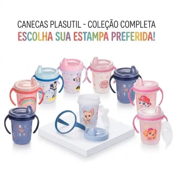 Caneca Infantil Trio Plasutil 330ml Alça Tampa Bebê Introdução Alimentar BPA Free