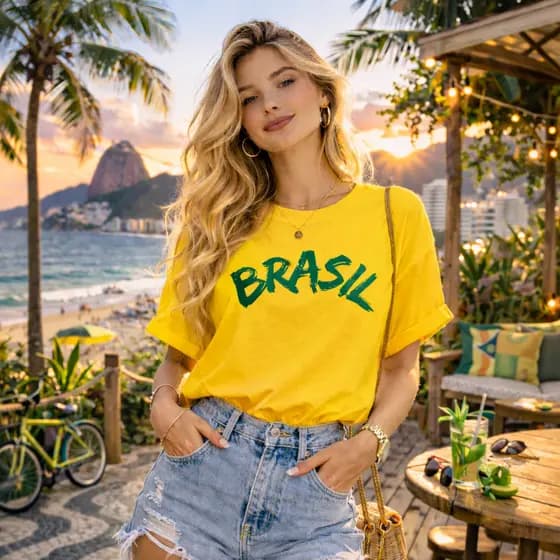 Camiseta Feminina T-Shirt Camisa Brasil Estampa Copa do Mundo Uso Diário gola redonda Algodão 100%