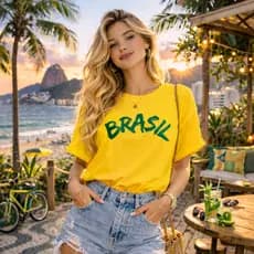 Camiseta Feminina T-Shirt Camisa Brasil Estampa Copa do Mundo Uso Diário gola redonda Algodão 100%