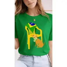 Camiseta Feminina Brasil Copa Torcida Com Cachorro Caramelo Blusinha Estilosa Confortável  Algodão