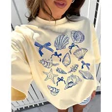 Camiseta Feminina Gola Redonda Camisa blusinha  Look Casual Estampa Conchas do Mar Com Laço Algodão