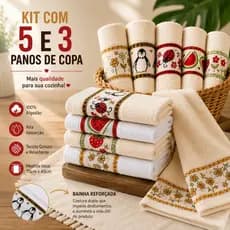 Kit 5 e 3 Panos de Copa Algodão Felpudo Alta Absorção para Cozinha Uso Diário Limpeza Doméstica