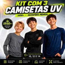 Kit 3 Camisas Segunda Pele Infantil UV50+ Microfibra Manga Longa Proteção Solar Menino Menina 10 Ao 16