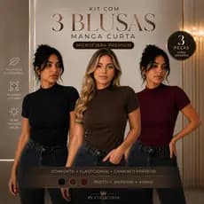 Kit 3 Blusas Femininas P ao G1 Gola Alta Manga Curta Microfibra Básica Casual Dia a DIa
