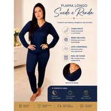 Pijama Longo Liso Premium Suede Quentinho Feminino Suede Gola V em Renda 662