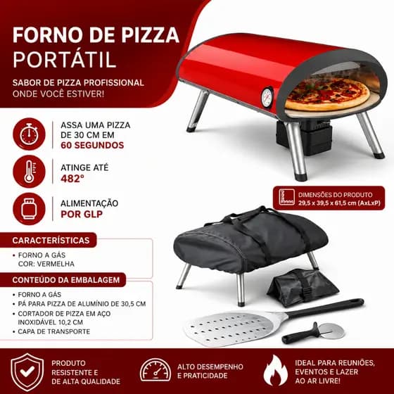 Forno Portátil De Pizza A Gás Glp Pedra Rotativa Dobrável Cor Vermelho