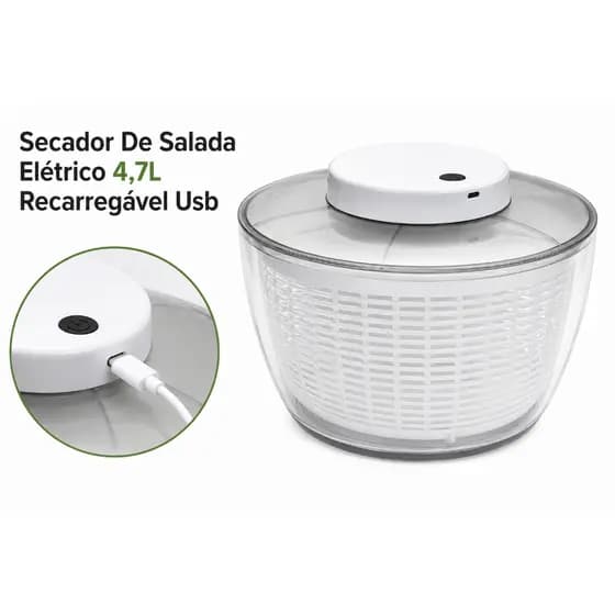 Secador de Salada Elétrico 4,7L USB Automático Centrífuga Verduras e salada Prático e Rápido