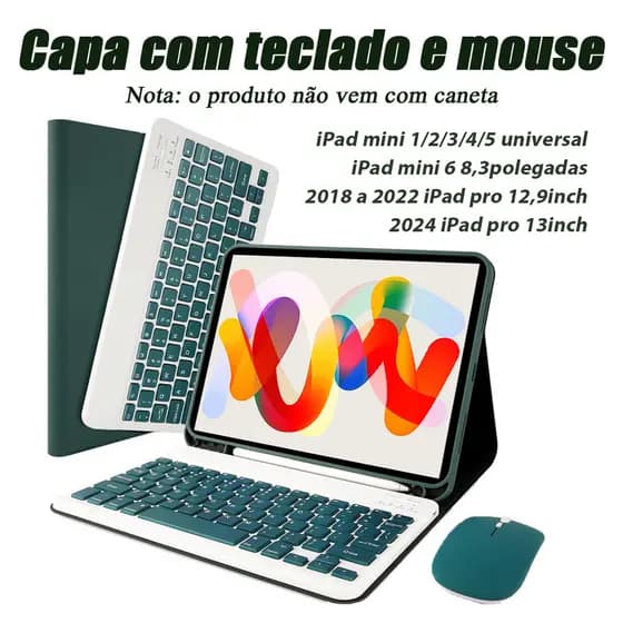 Capa com Teclado e mouse Para iPad mini 1/2/3/4/5/6, 2018 a 2022 iPad pro 12,9inch, iPad pro 13inch