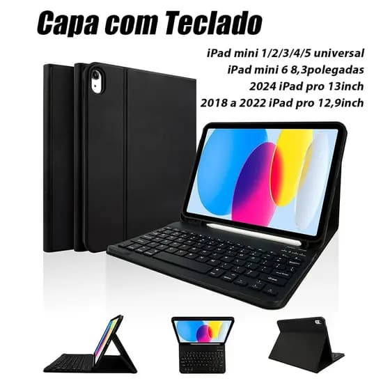 Capa com Teclado Para iPad mini 1/2/3/4/5/6, 2018 a 2022 iPad pro 12,9inch, 2024 iPad pro 13inch