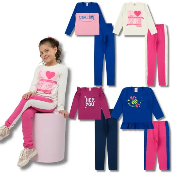 Kit 3 Conjunto Feminino Sortido 3 Blusa Manga Longa + 3 Legging Menina Infantil Juvenil Inverno (2)